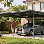 Moderne Carport Installation, familienfreundliche Umgebung mit Garten.