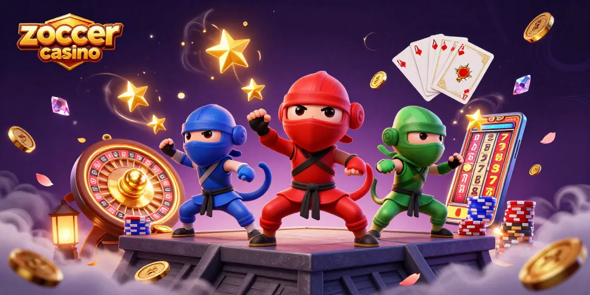 Zoccer casino scene showcasing martial arts chameleons with casino games and vibrant effects.